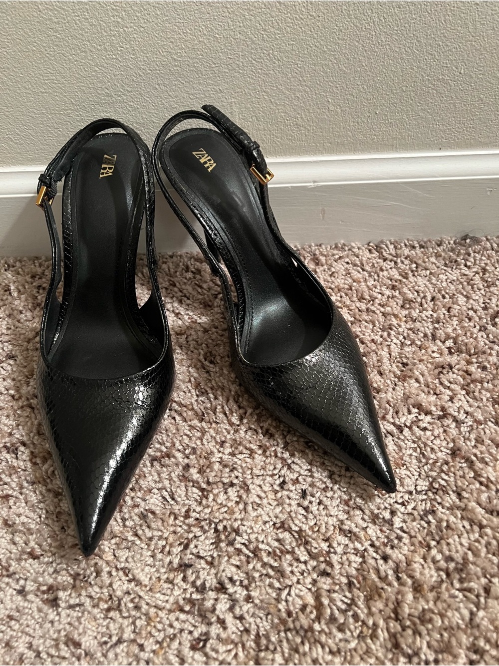 Zara Black Pointed Slingback Heels with Gold Buckle